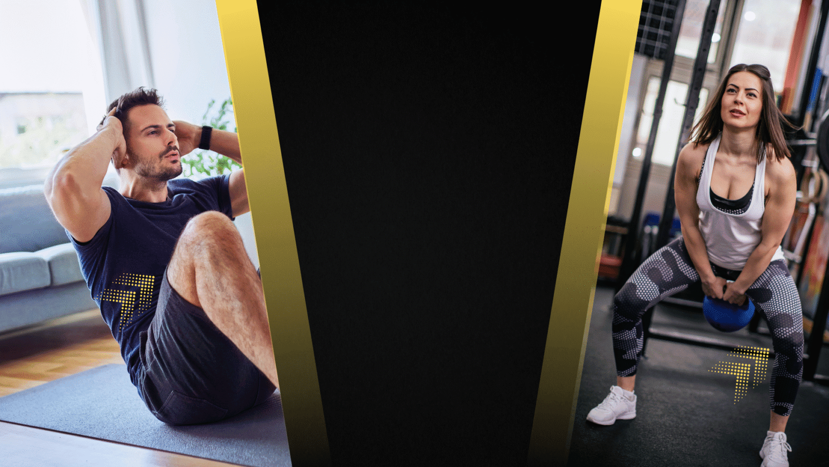 Male exercises at home and female lifting weights in gym, personal training.